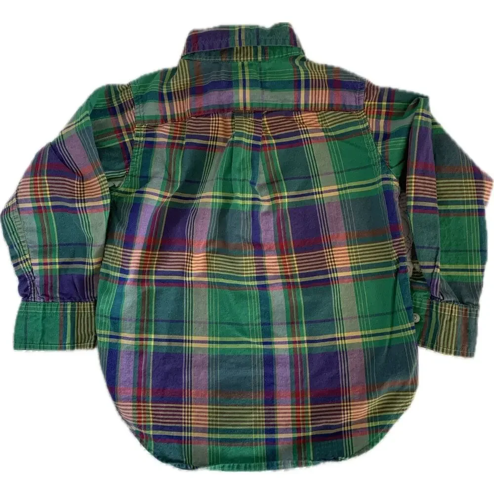 Ralph Lauren Long Sleeve Button Down Vibrant Colorful Plaid Shirt 3T 100% Cotton